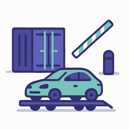 Растаможка: контейнер, автомобиль и шлагбаум